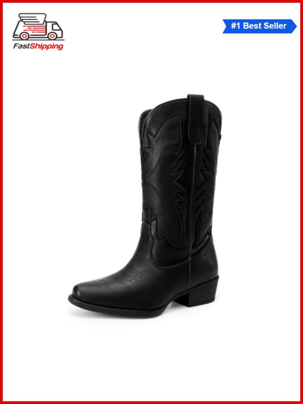 ✨ Faux Leather Cowgirl Boots Mid-Calf Block Heel Snip Toe Western Women